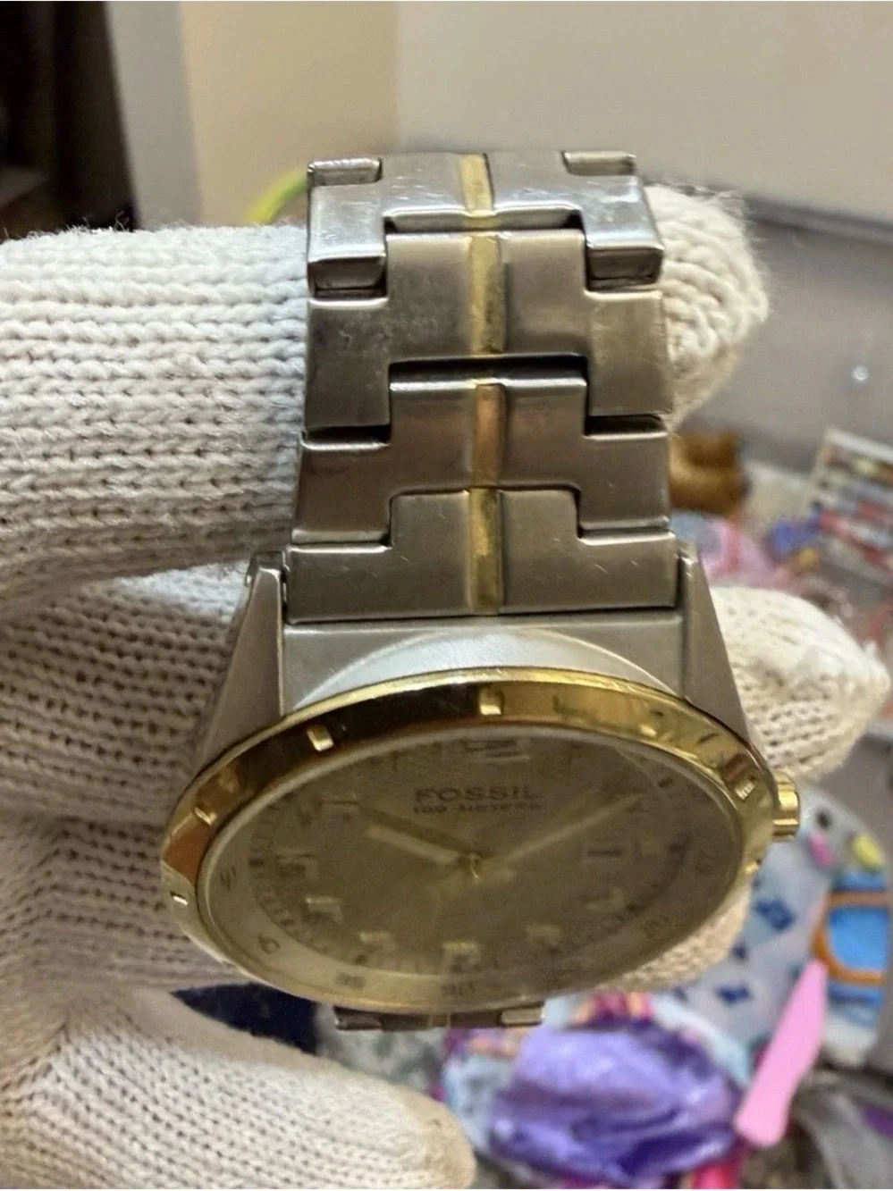 Fossil PR-5363 Men's Watch Two-Tone Gold Silver Stainless Steel Honeycomb Dial